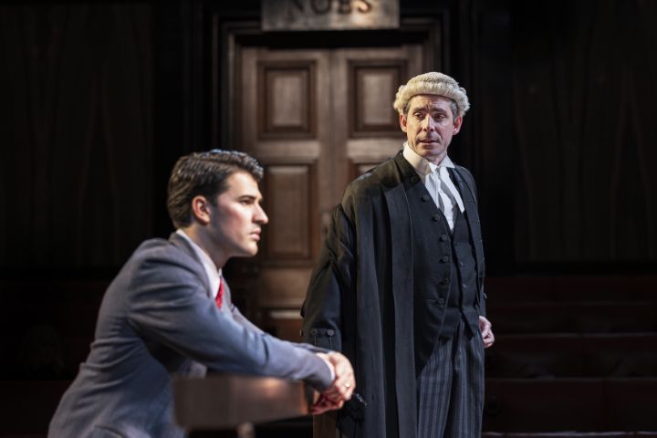 Owen Warner (Leonard Vole) and Simon Cotton (Sir Wilfrid Robarts Q.C.) in Agatha Christie’s Witness for the Prosecution Photo: © Pamela Raith Photography