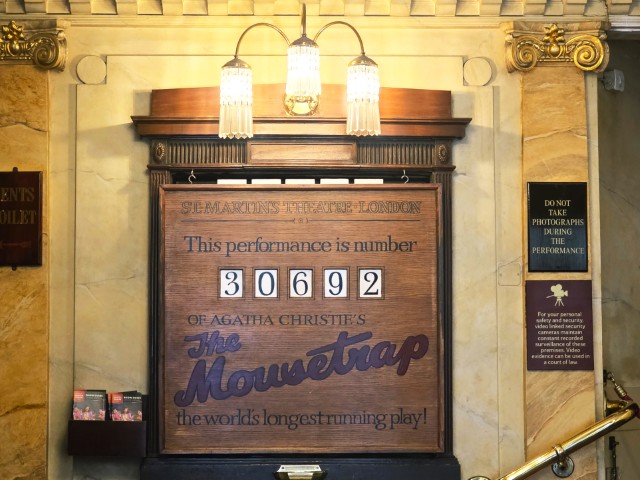 Inside St Martin's Theatre - a sign showing how many shows of The Mousetraps have been performed.