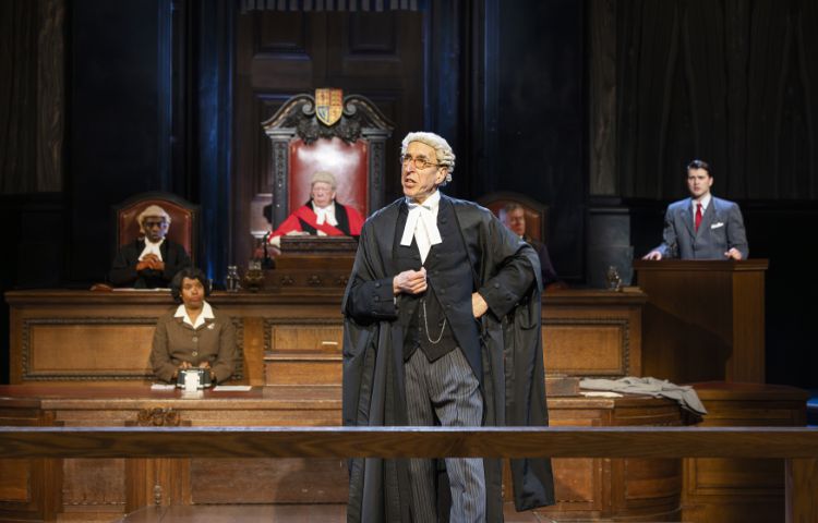 Michael Mears (centre of shot) (Mr Myers Q.C.) and cast in Agatha Christie’s Witness for the Prosecution Photo: © Pamela Raith Photography

