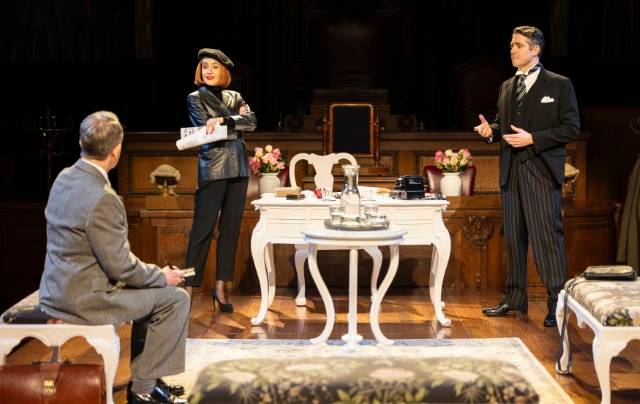 Matthew White (Mr Mayhew), Eleanor Sutton (Romaine Vole) and Simon Cotton (Sir Wilfrid Robarts Q.C.) in Agatha Christie’s Witness for the Prosecution Photo © Pamela Raith Photography
