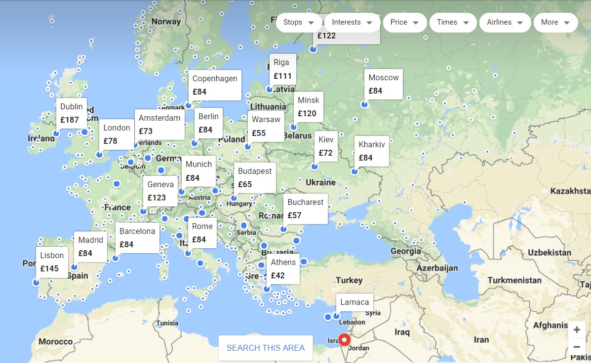 Finding cheap flights on Google Flights - screenshot showing prices at different destinations